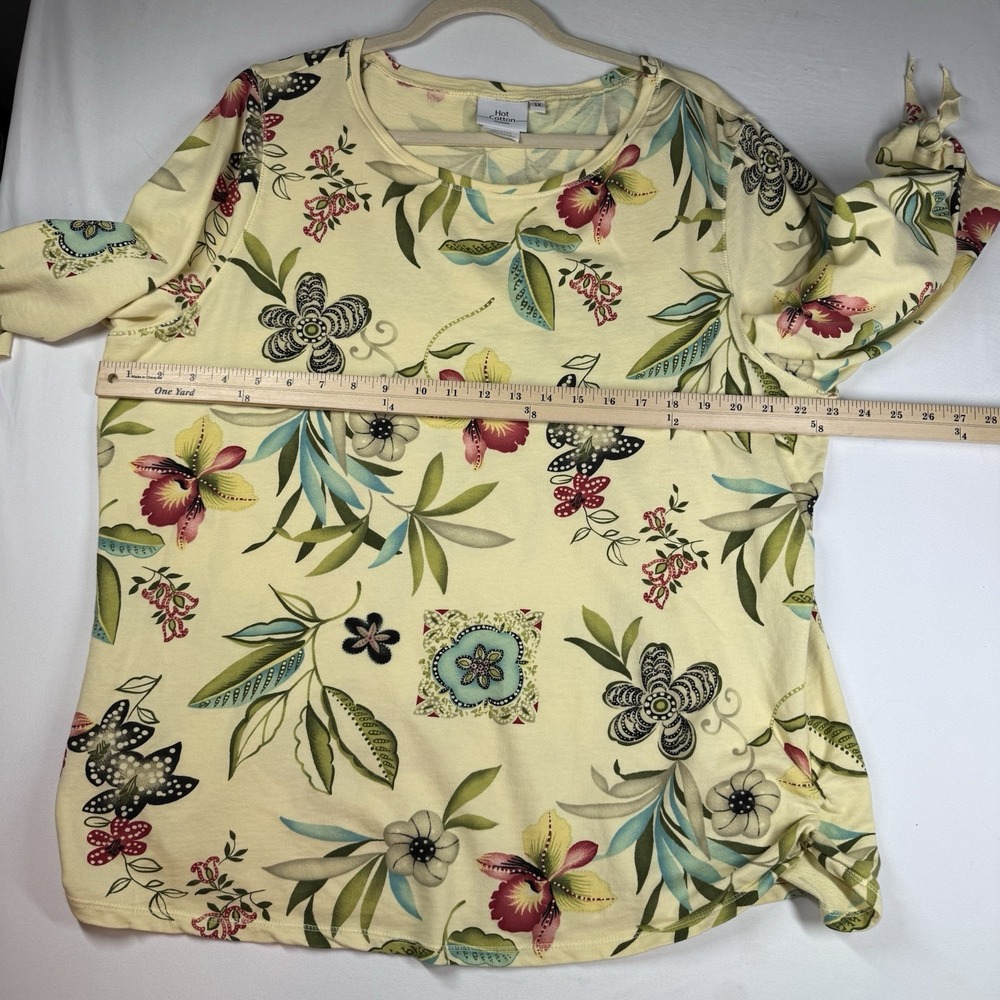 Hot Cotton Floral Top Sz 1X XL Garden‎ Colorful 3/4 Slv Tie Summer Nature Yellow - Picture 7 of 9